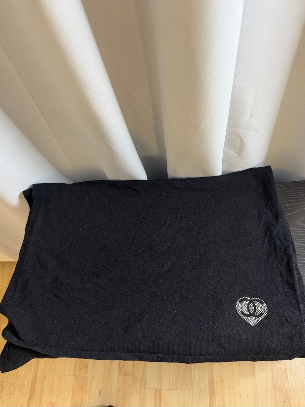 CHANEL Black Rhinestone Logo Cashmere Scarf